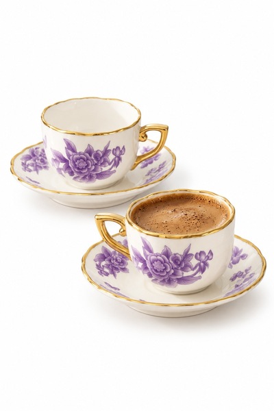 viracasa Spring 2-Piece Coffee Cup Set with Floral Print, Gold-Gilded Turkish...