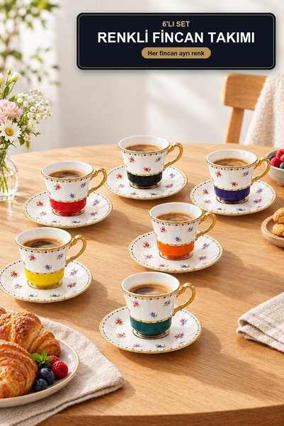 viracasa Set of 6 Coffee Cups: Colorful Patterned Turkish Coffee Cups