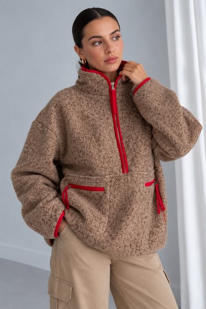 Kahverengi Fermuarlı Polar Sweatshirt E26-STA4247