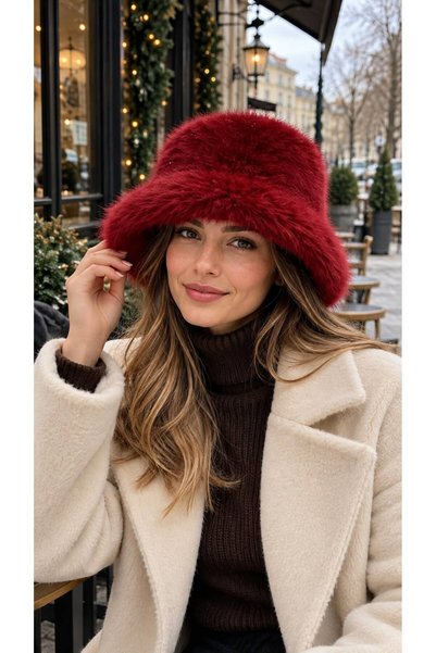 HAZAL KAYA ATELIER Burgundy Premium Soft-Textured Faux Fur Fur Hat for Women
