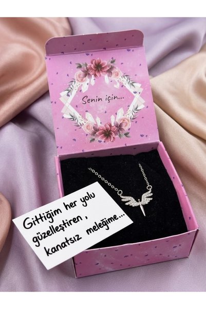 Zirkon taşlı melek kanatlı silver kolye sevgiliye hediye özel kutulu