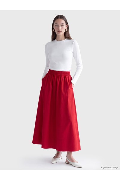 LC Waikiki TWO MT SHOP QUALITY LCW Modest Red Solid Midi Skirt for Women