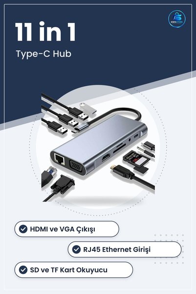TARER Type C Çoklayıcı Hub HDMI VGA USB Kart Okuyucu RJ45 Ethernet Dönüştürücü Adaptör Kompakt