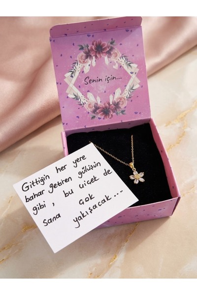 Pembe çiçekli gold kolye özel kutulu sevgiliye hediye