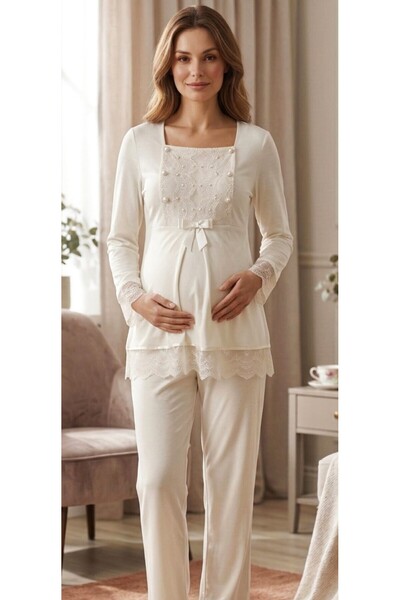 Mecit Pijama Maternity Pajama Set, Ecru, Size S