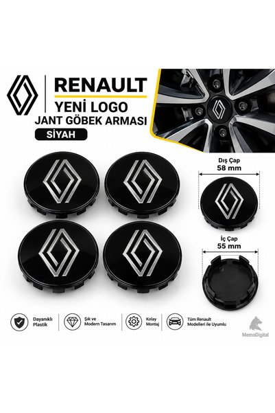 MemoDigital Universal Renault Yeni Logo Jant Göbek Kapağı Siyah 58 mm - 55.5 mm