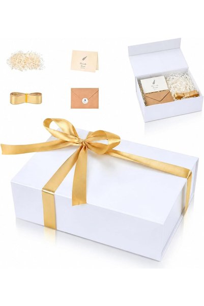 AOMIGE Large White Magnetic Gift Box 29x20x9cm with Gold Ribbon, Card & Raffia