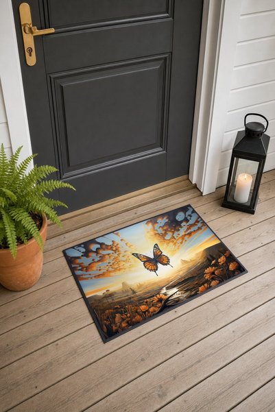 PaintedAnarchy 662 Orange Butterfly Scenery Patterned Doormat, 40x60 cm, with...