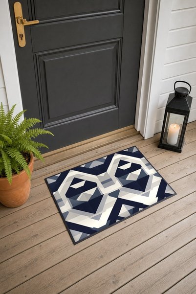 PaintedAnarchy Navy, Cream, and Gray Geometric Patterned Hexagon-Shaped Doorm...