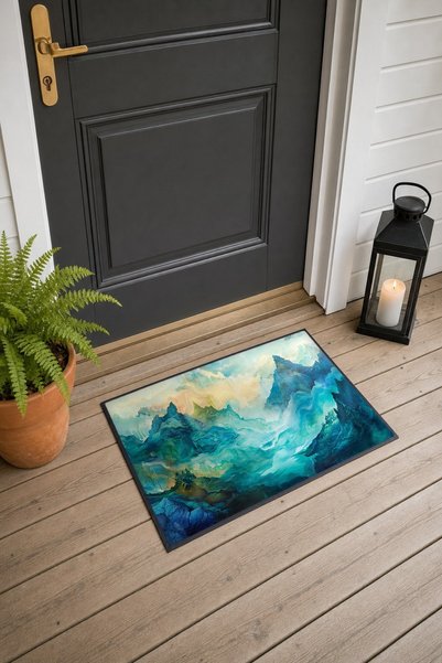 PaintedAnarchy Blue and Green Mountain Scenery Patterned Doormat, 40x60 cm, w...
