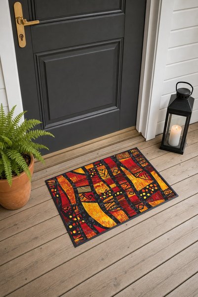 PaintedAnarchy Red Mustard African Ethnic Patterned Doormat, 40x60 cm, Non-Sl...