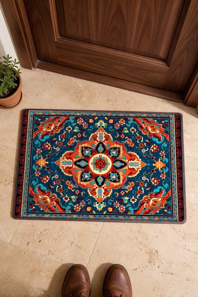 PaintedAnarchy Blue and Red Flower Motif Turkish Rug-Patterned 780 Doormat, 4...