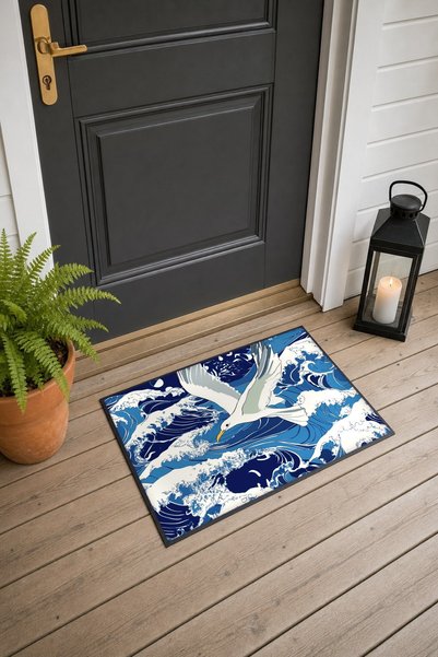 PaintedAnarchy Navy Blue and White Japanese Wave Seagull-Patterned Doormat, 4...