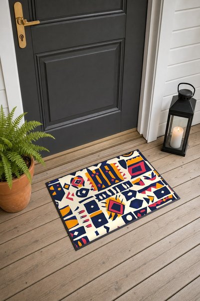 PaintedAnarchy Cream and Navy Blue African Collage-Patterned Doormat, 40x60 c...