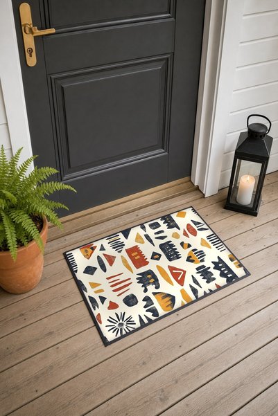 PaintedAnarchy Cream Mustard Mini Ethnic Motif Doormat, 40x60 cm, with Non-Sl...