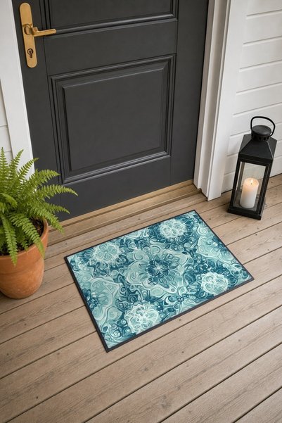 PaintedAnarchy Aqua Green Lace Medallion-Patterned Doormat, 40x60 cm, with No...