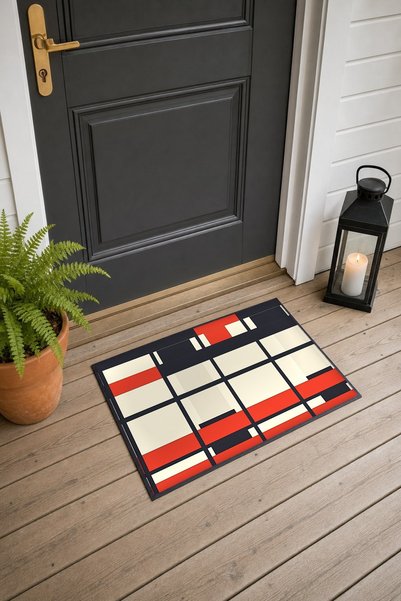 PaintedAnarchy Cream, Navy, and Red Retro Patterned Door Mat, 40x60 cm, with ...