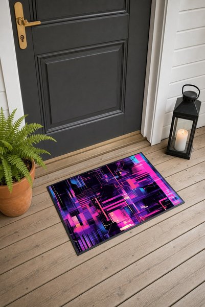 PaintedAnarchy Purple, Pink, and Neon Cyberpunk Glitch-Patterned Doormat, 40x...