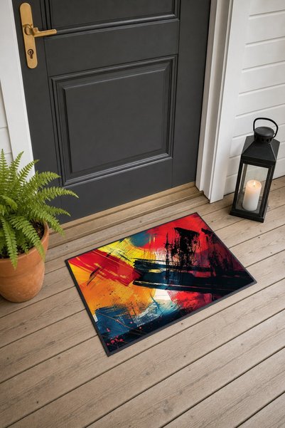 PaintedAnarchy Red and Yellow Abstract Patterned Doormat, 40x60 cm, with Non-...