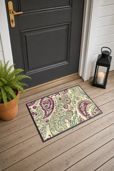 PaintedAnarchy Cream Burgundy Paisley-Patterned Doormat, 40x60 cm, with Non-S...