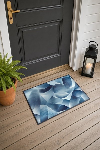 PaintedAnarchy Gray-Blue Folded Paper Doormat with Abstract Patterned Design,...