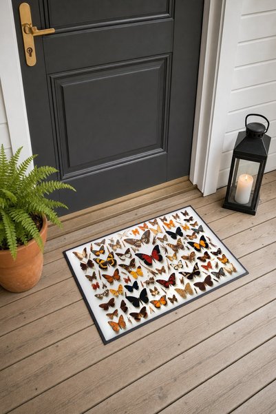 PaintedAnarchy 507 Orange and Black Butterfly-Patterned Doormat, 40x60 cm, wi...