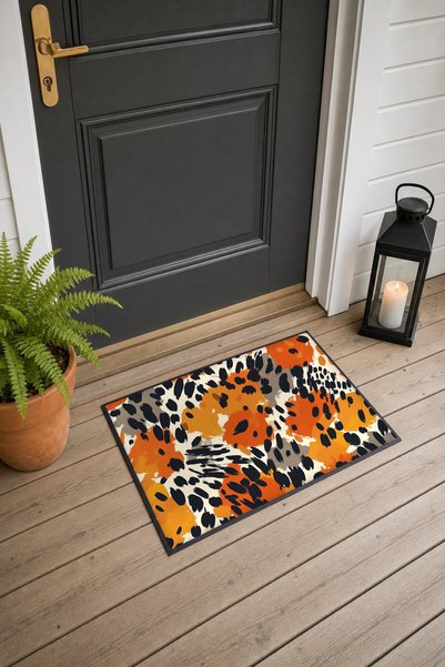 PaintedAnarchy Orange and Gray Leopard Print Floral Print Doormat, 40x60 cm, ...