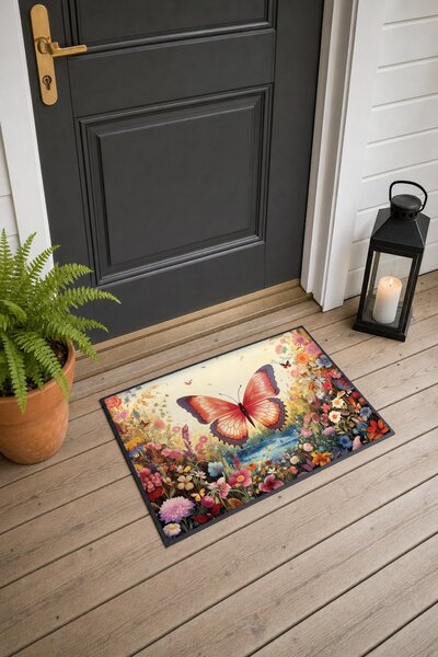 PaintedAnarchy Red Butterfly Spring-Patterned Doormat, 40x60 cm, with Non-Sli...