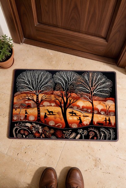 PaintedAnarchy Orange and Black Nature Scene Patterned 970 Doormat, 40x60 cm,...