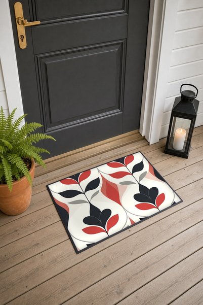 PaintedAnarchy Cream, Red, and Navy Blue Retro Patterned Doormat, 40x60 cm, w...