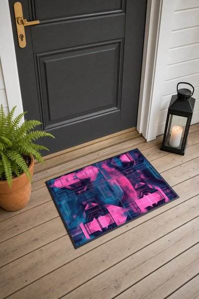 PaintedAnarchy Navy Blue and Pink Symmetrical Batik Print Doormat, 40x60 cm, ...