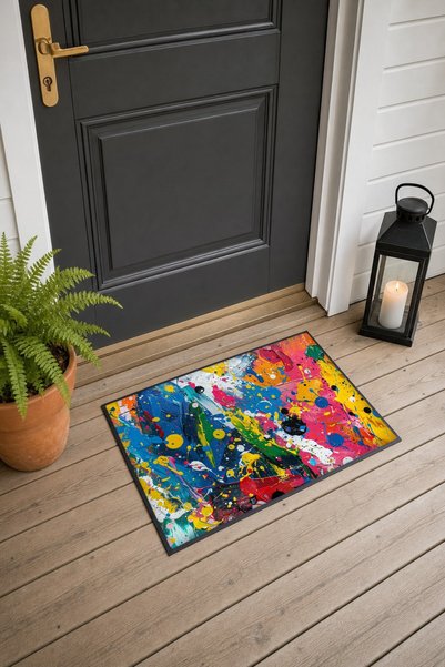 PaintedAnarchy Blue, Yellow, and Fuchsia Splatter-Paint Patterned Doormat, 40...