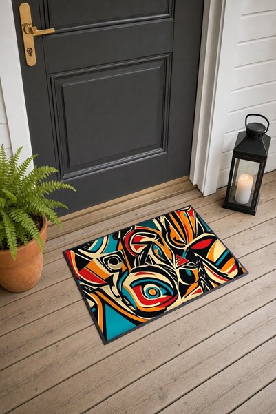 PaintedAnarchy Orange and Turquoise Cubist Abstract Patterned Doormat, 40x60 ...