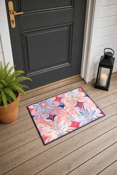 PaintedAnarchy Powder Pink Kaleidoscope Floral Print Doormat, 40x60 cm, Non-S...