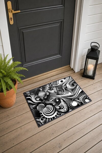 PaintedAnarchy Black and White Op Art Swirl-Patterned Doormat, 40x60 cm, with...