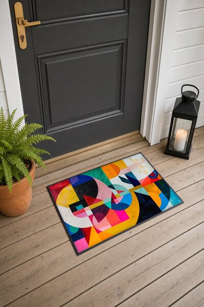 PaintedAnarchy Colorful Bauhaus Checked and Square Collage Pattern Doormat, 4...