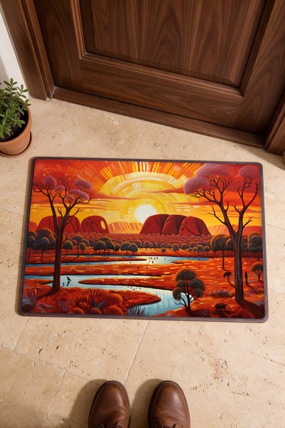 PaintedAnarchy Red and Orange Landscape-Patterned Doormat, 40x60 cm, with Non...