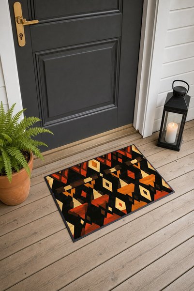 PaintedAnarchy Black and Orange Ethnic Patterned Doormat, 40x60 cm, with Non-...