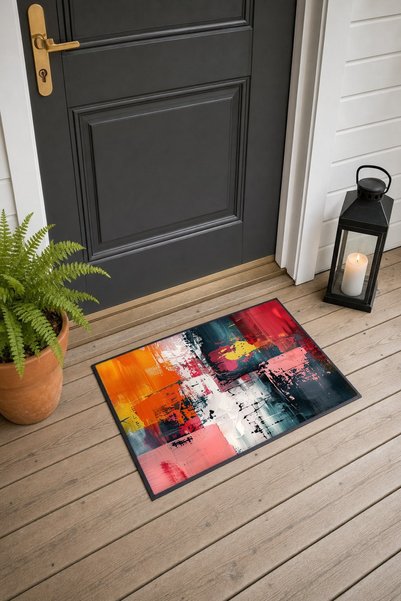 PaintedAnarchy Orange and Red Distressed Block-Print Patterned Doormat, 40x60...