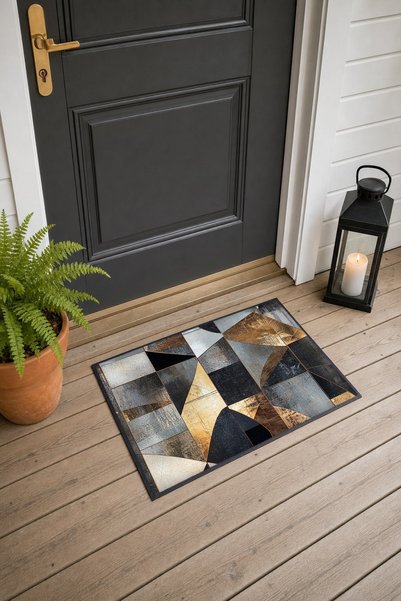 PaintedAnarchy Black, Gray, and Gold Triangle Mosaic Pattern Doormat, 40x60 c...