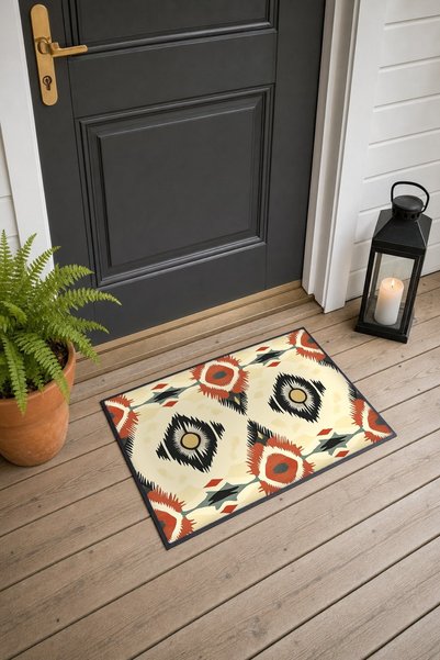 PaintedAnarchy Cream-Orange Ikat-Patterned Doormat, 40x60 cm, with Non-Slip S...