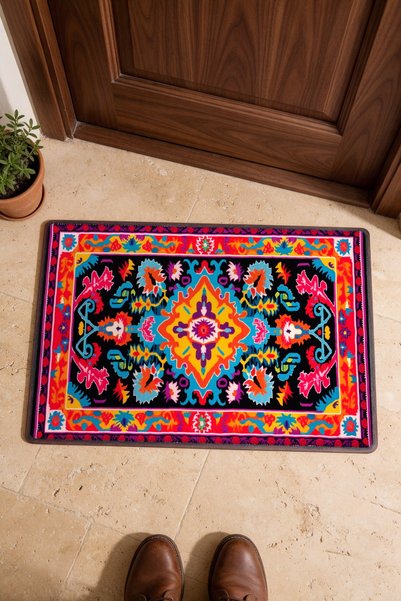 PaintedAnarchy Fuchsia, Black, and Neon Kilim Rug-Patterned Turkish Rug-Style...