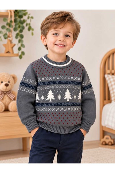 krm kerem bebe Boys' & Kids' Pine Tree-Patterned Crew Neck Stretch Knit Sweater