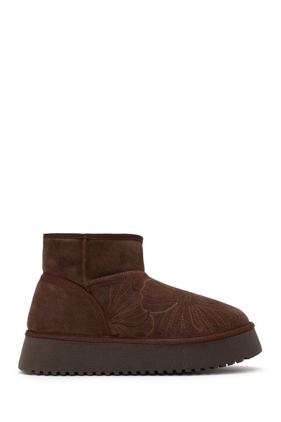 Derimod Women's Brown Patterned Thick Sole Suede Leather Teddy Boots WF150008DS