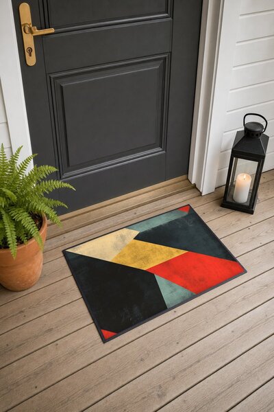 PaintedAnarchy Anthracite Red Mustard Door Mat with Crossed Geometric Pattern...
