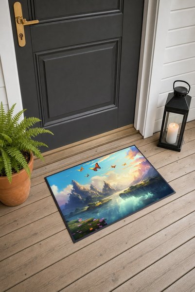 PaintedAnarchy 696 Orange Butterfly Scenery Patterned Doormat, 40x60 cm, with...