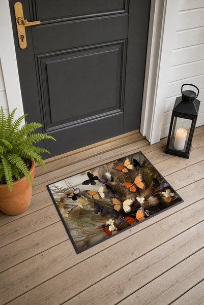 PaintedAnarchy 519 Orange and Black Butterfly-Patterned Doormat, 40x60 cm, wi...