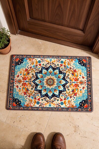 PaintedAnarchy Cream Blue Star Emblem Turkish Rug-Patterned Doormat, 40x60 cm...