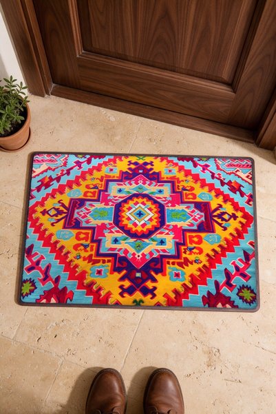 PaintedAnarchy Turquoise and Yellow Kilim Rug Medallion Turkish Rug-Patterned...