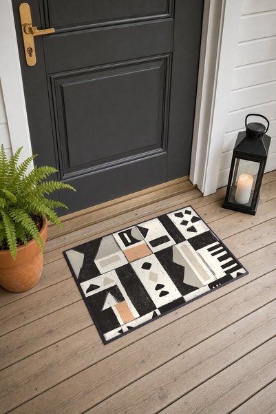PaintedAnarchy Black, White, and Beige African Mudcloth-Patterned Doormat, 40...